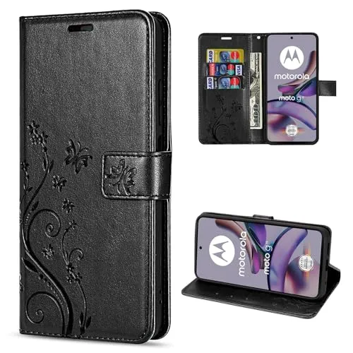 betterfon Hülle Kompatibel mit Motorola Moto G13 / G23 | Premium PU Leder Handyhülle Wallet Case für Moto G13 / G23 | Schutzhülle Blumen Klapphülle Handyhülle | Schwarz