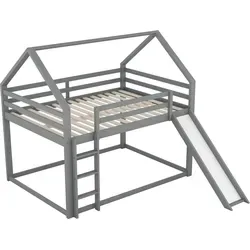 Doppelbett(Grau,140x200cm)Kinderbett Hausbett Etagenbett mit Rutsche und Leiter, Kinderzimmer Hoch-Doppel-Stockbett - Grau