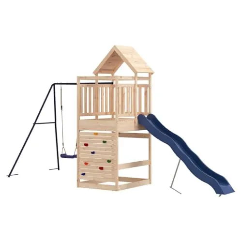 vidaXL Spielturm mit Kletterwand und Rutsche - Schaukeln für den Garten mit Kletterturm aus massivem Kiefernholz, bietet Sicherheit und vielfältige Spielmöglichkeiten für fantasievolle Abenteuer.