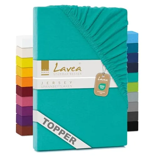 Lavea® Jersey Topper Spannbettlaken, Spannbetttuch, Serie Maya, 100% Baumwolle, hochwertige Verarbeitung, mit Gummizug und OekoTex100 180x200cm | 200x200cm, Türkis