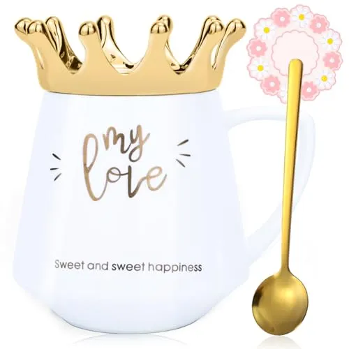 Arawat Queen of Everything Tasse mit Deckel, süße schwarze Tasse mit Krone, Kaffeetassen, Geschenk mit Löffel und Untersetzer, 340 ml, Keramik-Teetasse, Geburtstagsgeschenk für Frauen, Mädchen, Mutter