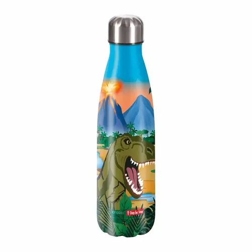 Step by Step Isolierte Trinkflasche aus Edelstahl Dino Torex grün - Trinkflasche für Schule & Freizeit, auslaufsicher und BPA-frei, ideal für kohlensäurehaltige Getränke, 0,5 Liter, 100% recyclebar und geschmacksneutral.