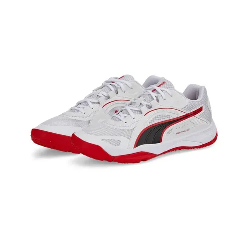 PUMA Solarstrike II Unisex Hallenschuhe - Fußballschuhe in Größe 44,5 EU, ideal für Handball mit atmungsaktivem Textil-Obermaterial und modernem Design in Puma White-Puma Black-High Risk Red.