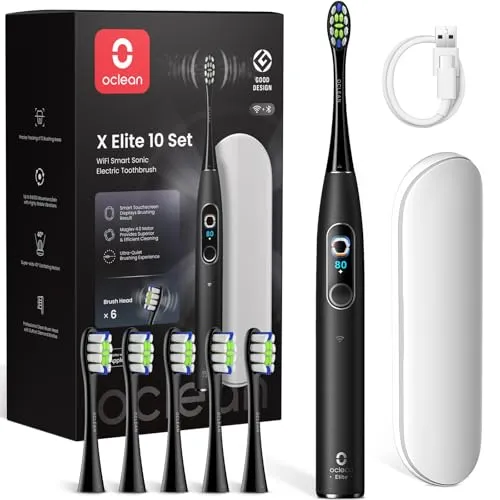 Oclean elektrische Zahnbürste X Elite 10 Set, 5 Putzmodi Schallzahnbürste mit Timer, 12 Bereichsverfolgung, Reisezahnbürste mit Reiseetui,Sonic Electric Toothbrush mit 6 Bürstenköpfe, 45dB, Schwarz
