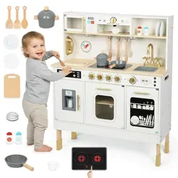 Mamabrum Holz-Kinderküche mit LED-Beleuchtung - Höhenverstellbare Spielküche mit realistischen Geräuschen und Lichteffekten, ideal für kreatives Spielen und gemeinsames Kochen für Kinder ab 3 Jahren.