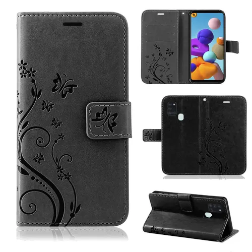 Handy Tasche für Samsung Galaxy A21s Hülle Case Etui Flip Cover Blume Schwarz BF