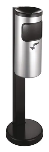 Abfall-Ascher Rondo neusilber mit Standfuß - Abfallascher-Kombination aus pulverbeschichtetem Stahlblech, mit großer Einwurföffnung und sicherem Kipp-Entleerungssystem für einfache Handhabung.