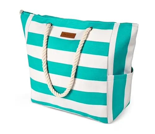 HEYO Strandtasche Damen Große Badetasche mit Reißverschluss Freizeittasche Sommer Tasche Gestreift Shopper Bag Einkaufstasche XXL (Blau)