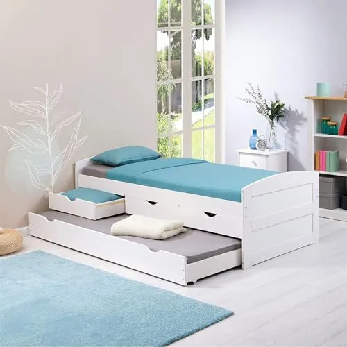 IDIMEX Funktionsbett JESSY - Praktisches Jugendbett mit 3 Schubladen für optimalen Stauraum, aus massivem Kiefernholz in elegantem Weiß.