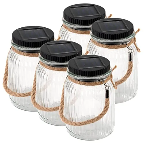 Nexos Trading Solarglas 5er Set mit je 3 LED Solar weiß mit Aufhänger Glas Gartenbeleuchtung Ø 11cm, Höhe 15,5 cm Party Garten Licht für Außen mit Solarpanel Sonnen Energie Beleuchtung