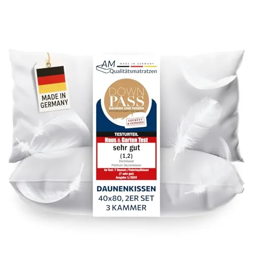 DormiGood Daunenkissen 40x80 - Made in Germany 3 Kammer Kopfkissen 40x80cm - Außenkammer aus 100% Daune - Federkissen 40 x 80 Allergiker geeignet - Kopfkissen 40x80 Federn und Daunen Füllung 2er Set