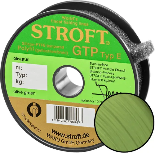 Stroft GTP Typ E geflochtene Schnur olivgrün 125m - Hochwertige Angelschnur mit verbesserter Oberflächenglätte und Geräuschreduktion beim Wurf. Ideal für Sportfischer, die Wert auf Präzision legen.