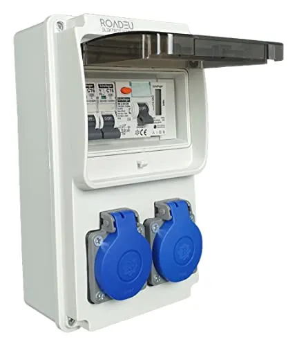 RoadEu Stromverteiler 230V mit Zähler und Fi Schutzschalter - Verteiler mit 2x 230V Schuko Steckdosen, ideal für Innen- und Außenbereich. Sicher und zuverlässig mit FI-Schalter und LED-Anzeige für präzise Leistungsüberwachung.