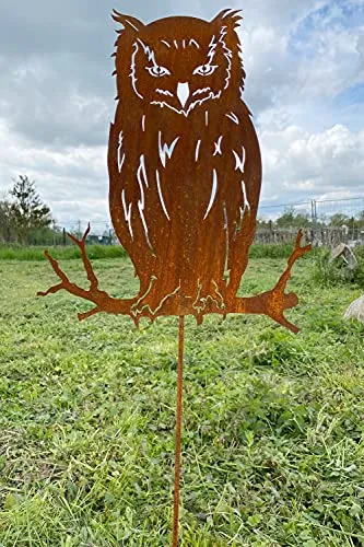 Eule auf AST sitzend 50x43cm + Stab Gartenstecker Edelrost Gartendeko Wetterfest Rost Metall Rostfigur Uhu von Steinfigurenwelt
