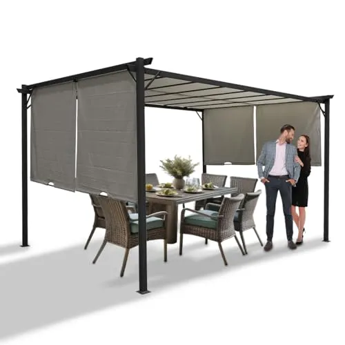 Grindi - Garten Pergola Pavillon Terrassendach mit einstellbarem Stoffdach - Grau, Delos II 2,9x3,9m - Stahl, wasserdichtes Sonnenschutz für Terrasse und Freistehender, Grillpavillon, Markise
