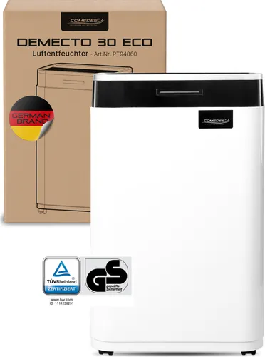 Comedes Luftentfeuchter Demecto 30 eco - Luftentfeuchter für Räume bis 115 m³, mit 25 l/Tag Entfeuchtung und Automatikbetrieb. Ideal zur Schimmelprävention und Bautrocknung.