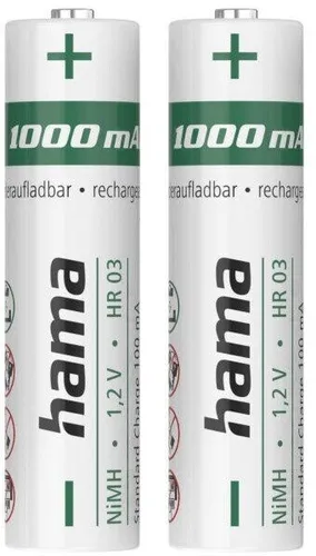 Hama Akku Batterien AAA aufladbar 1000 mAh - 2er Pack NiMH mit hoher Kapazität, ideal für langlebige Leistung in Taschenlampen und mehr