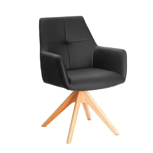 Riess Ambiente Drehbarer Design Stuhl ALMARA - Schwarz mit Echtleder Bezug - Eleganter Design Stuhl mit 360° Drehfunktion und Auto-Return für einen ordentlichen Essbereich. Hochwertiger Echtlederbezug und Taschenfederkern sorgen für höchsten Sitzkomfort. Robuste Eichenholzbeine garantieren Stabilität und Langlebigkeit.