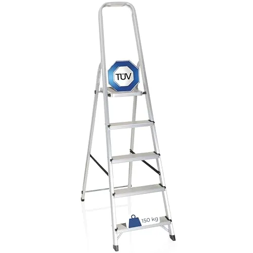 hjh OFFICE 801100 Klappleiter SOLID III Aluminium Trittleiter - Leiter für Innen- und Außenbereich mit 5 rutschsicheren Stufen und Sicherheitsbügel, bis 150kg belastbar – ideal für Haushalt und Garten.