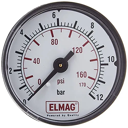 ELMAG 42221 Druckluft Manometer 50 mm 0-10 bar - Präzises Druckluft Manometer für Kompressoren, Ø 50 mm, mit einer Anzeige von 0-10 bar und robustem Außengewinde 1/8