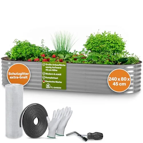 TTL GARDEN 240x80x45cm Spirit L Metall Hochbeet Silber - Stahl rostfrei verzinkt Wellblech ovale Form sehr groß stabil & wetterfest Garten Beet für Gemüse Kräuter Blumen Gartenbeet Gemüsebeet