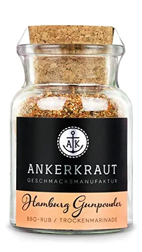 Ankerkraut Hamburg Gunpowder, BBQ Rub Gewürz, unser Haus-Rub als Marinade für Fleisch, Allrounder für Gemüse Geflügel und Schwein, Inspiration zum Kochen Grillen, 90g im Korkenglas