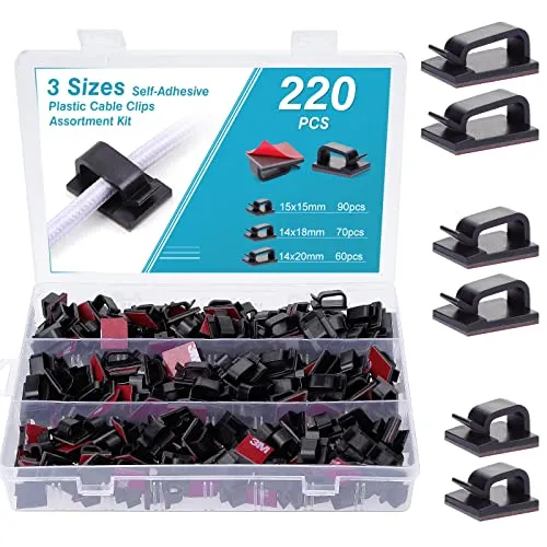 Kinsinder 220 Stück Selbstklebende Kabelklemmen, Selbstklebende Elektrische Kabelaufbewahrung Kabelmanagement Kabelbinder Draht Kabel Halter, Outdoor Kabelclips mit Klebebändern