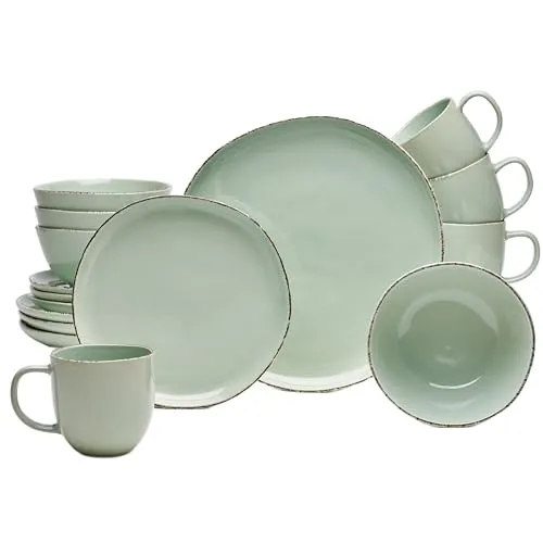 Van Well Kombiservice 16-tlg. URBAN - Elegantes 16-teiliges Kombiservice in lebendigem Grün, ideal für bis zu vier Personen. Hergestellt aus hochwertigem Steinzeug, spülmaschinen- und mikrowellengeeignet, vereint Funktionalität mit modernem Design.