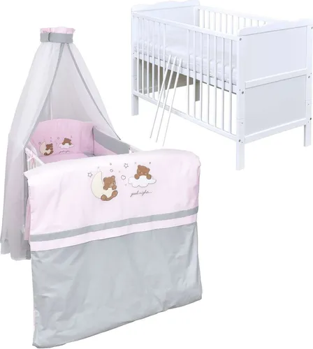 Baby-Delux Babybett Jack 140x70 Weiß Kiefernholz mit 10-tlg Set - Robustes Babybett aus massivem Kiefernholz, umbaubar zum Kinderbett. Inkl. hypoallergener Matratze, Bettwäsche und Beißschienen für zusätzliche Sicherheit.