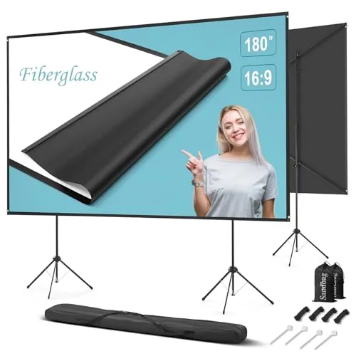 Beamer Leinwand Outdoor mit Stativ, 180 Zoll (16:9), Tragbar Projektor Leinwand, Windresistente Projektionsleinwand, Fiberglas, Stabiler Rückhalt, Stativ-/Wandmontage, für Gartenpartys, Heimkino.