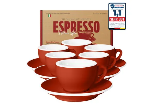 MUVELL 6x Espressotassen Set - Italian Style in Rot - Elegantes 12-teiliges Set mit 6 dickwandigen Espressotassen (60 ml) und Untertassen, spülmaschinenfest und ideal für den perfekten Kaffeegenuss.