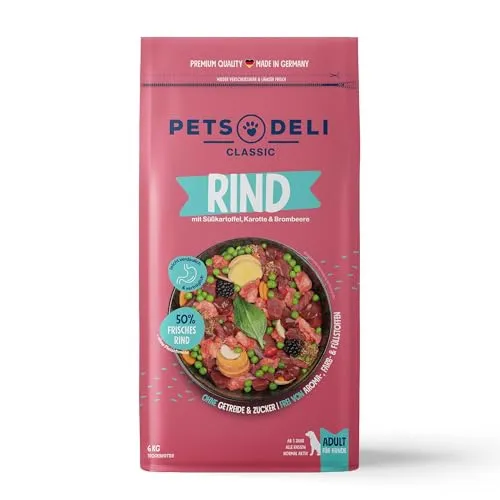 Pets Deli Trockenfutter für Hunde Rind mit Süßkartoffel, Karotte & Brombeere - ohne Zucker und Gluten, 6kg