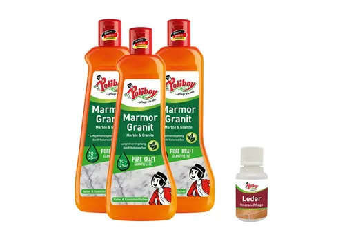 poliboy Marmor Granit Pflege - 3er mit Leder Probe Fussbodenreiniger (ideal für alle Natur- und Kunststeinflächen - Made in Germany)