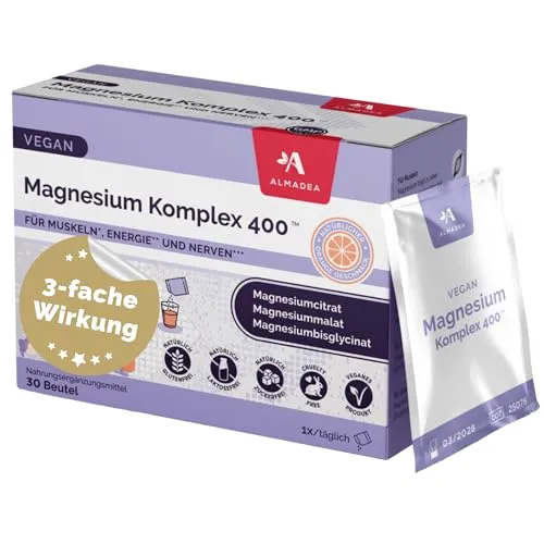 Magnesium Komplex 400® – 400 mg, 3 Formen (Citrat, Bisglycinat, Malat), für Muskeln, Nerven, Energie & Schlaf, bei Krämpfen, Stress & Müdigkeit, vegan, 30 Tage Vorrat (1 Packung (120 Gramm))