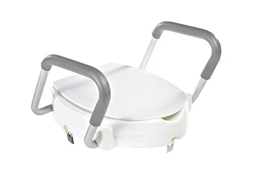 WC-Sitzerhöhung mit Deckel und Aufstehhilfe - Weiß - Haltegriffe, bietet zusätzliche Sicherheit und Komfort beim Sitzen und Aufstehen, ideal für Senioren und Menschen mit eingeschränkter Mobilität.
