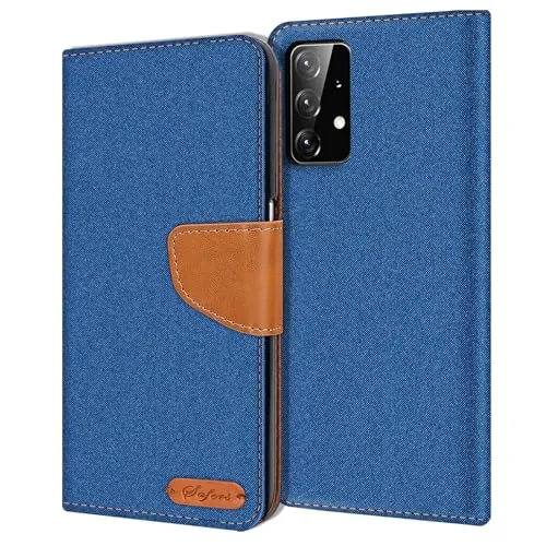 CoolGadget Textil Klapphülle für Samsung Galaxy A72, Hochwertige Schutzhülle mit 3 Kartenfächern, 1 Bargeldfach und Magnetverschluss, Blau