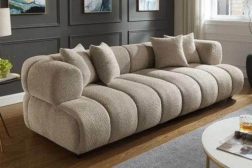 riess-ambiente Big-Sofa ADLON 255cm champagner greige · XXL Couch aus Bouclé inkl. 4 Kissen, Einzelartikel 1 Teile, 3-Sitzer mit Federkern & Wellenfederung · Teddystoff-Bezug · Design