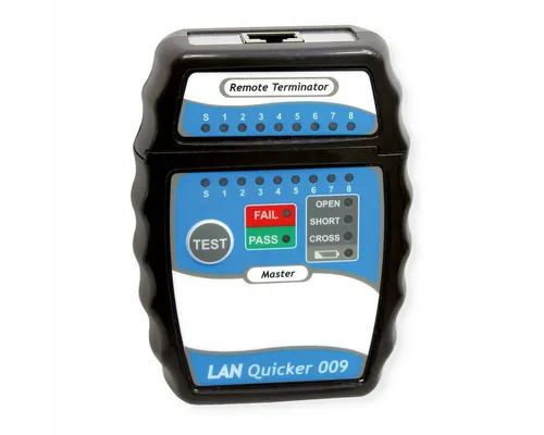 VALUE LAN Quicker Kabel Tester - Kabeltester für RJ45/UTP und RJ45/STP-Verkabelungen mit OPEN, Shot und CROSS Test-Funktionen. Kompakt und ideal für LAN-Installationen, inklusive Transporttasche.