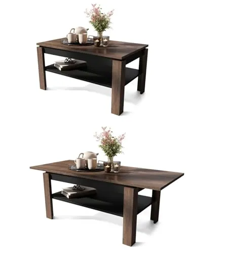 All4All Couchtisch Asti-R - Wohnzimmertisch - Kaffeetisch – kompakte Größe – Couchtisch mit Stauraum - Sofatisch mit Ablage – platzsparend – ausziehbar bis 140cm - 100x60cm - Braune Eiche + Schwarz 05