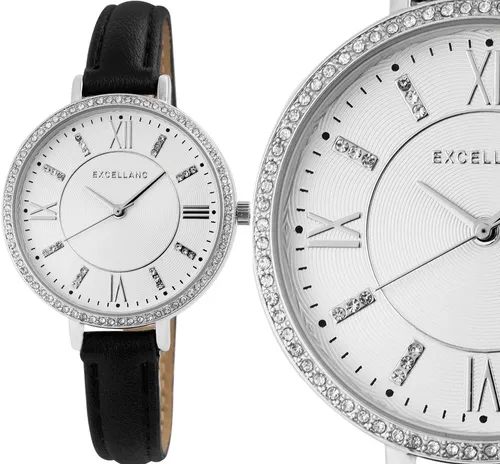 Damenuhr Armbanduhr Silber/Schwarz glitzer Kristallbesatz 1900174 von Excellanc