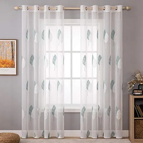 MIULEE Wohnzimmer Vorhänge Transparent mit Türkis und Weiss Blätter Muster, Modern Stickerei Gardinen Ösen für Schlafzimmer Deko, 2er Set Schöne Blätter Muster Vorhang Fenster H 225 x B 140