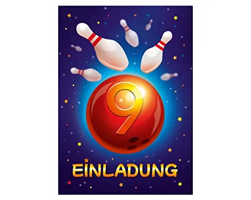 Junapack 12 Einladungskarten zum 9. Kindergeburtstag Bowling Kegeln neunte Geburtstag Mädchen Jungen