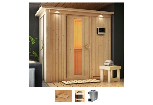 Karibu Sauna Vada - Entspannung und Gesundheit in einem - Innensauna, 68 mm Wandstärke, 9 KW Ofen mit externer Steuerung für individuelle Wärme und gesundheitliche Vorteile wie Muskelentspannung und Hautreinigung.