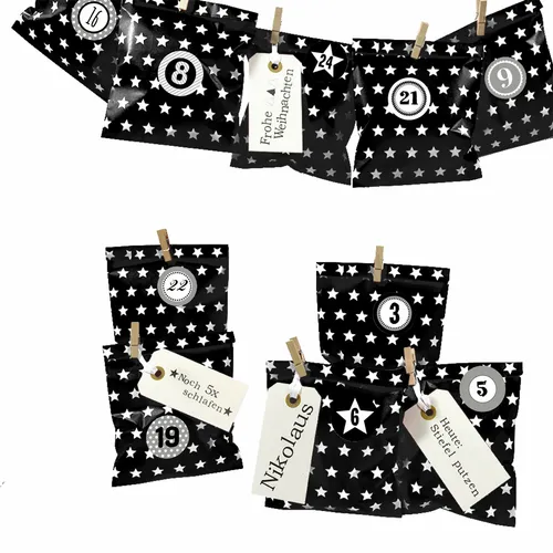 Adventskalender Bescherungzum Befüllen,Papiertüten, schwarz Stern, Ziffern grau