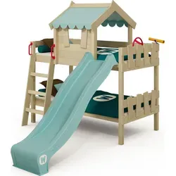 WICKEY Kinderbett Hochbett CrAzY Fancy - Pastellblau 90 x 200 cm - Platzsparendes Etagenbett mit Rutsche für 2 Kinder, aus naturbelassenem Massivholz. Das Dachdesign sorgt für Geborgenheit und Kreativität. Ideal für ein gemütliches Kinderzimmer!