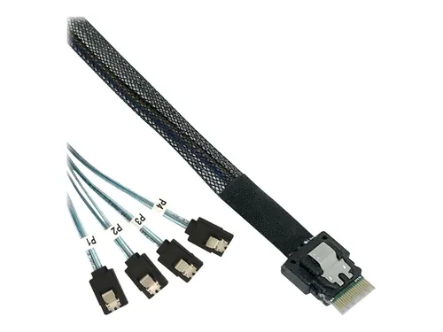 InLine® Slim SAS Kabel SFF-8654 4i zu 4x SATA 7-pin - SCSI-Kabel & Adapter, 12Gb/s Übertragungsrate für schnelle Datenverbindungen zwischen SAS-Geräten und Controllern, ideal für Server und Storage-Lösungen.