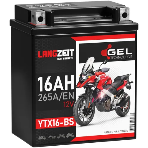 Langzeit YTX16-BS GEL Motorradbatterie 16Ah 12V