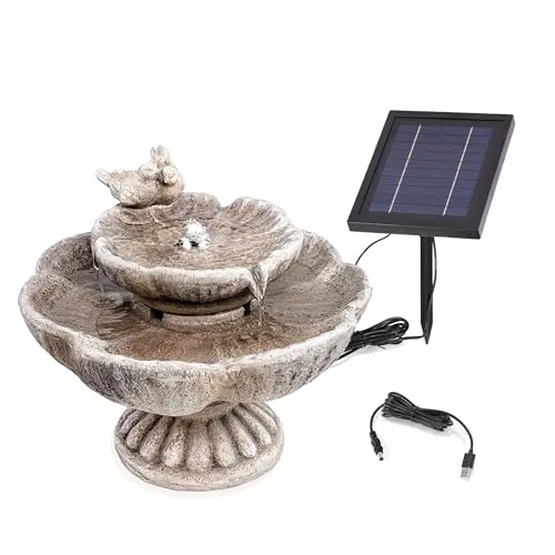 esotec Gartenbrunnen Outdoor Wasserspiel mit Vogelpaar, 33x24cm - Bezaubernder Solar-Wasserbrunnen aus hochwertigem Kunststein mit LED-Beleuchtung. Ideal für Garten und Terrasse – sorgt für eine stimmungsvolle Atmosphäre und ist wartungsarm. Flexibel durch USB-Ladung und Timer.