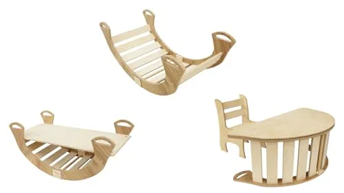 Kletterbogen Bogenwippe Holzwippe Montessori mit Rutsche Tischplatte Stuhl Spielzeug Baby Kinder 5in1 Kletterbogen mit Rutsche Kletterwand Balanceboard Schreibtisch EU CE 80kG Mittlere Größe