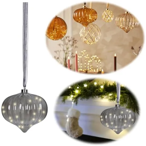 LS-LebenStil Deko XL Glas Lichtkugel Zwiebel 20 LED 20cm Grau Silber Band Timer Batterie-Fach Kugellampe zum Anhängen als Weihnachtsdeko innen Weihnachtsbeleuchtung Fensterdeko Batteriebetrieben